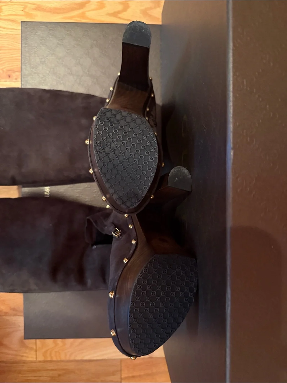 Gucci Black Suede  Shearling Stud Boots
